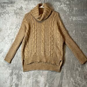 Cozy Chunky Knit Turtleneck Sweater Cable Knit, Slouchy Fit Brown Alpaca Wool S‎